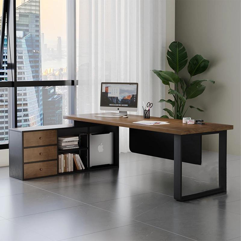 Bureau brun clair + bois massif rectangulaire noir + bureaux en fer, Retour à gauche, H 29,53 po x l 62,99 po x P 27,56 po