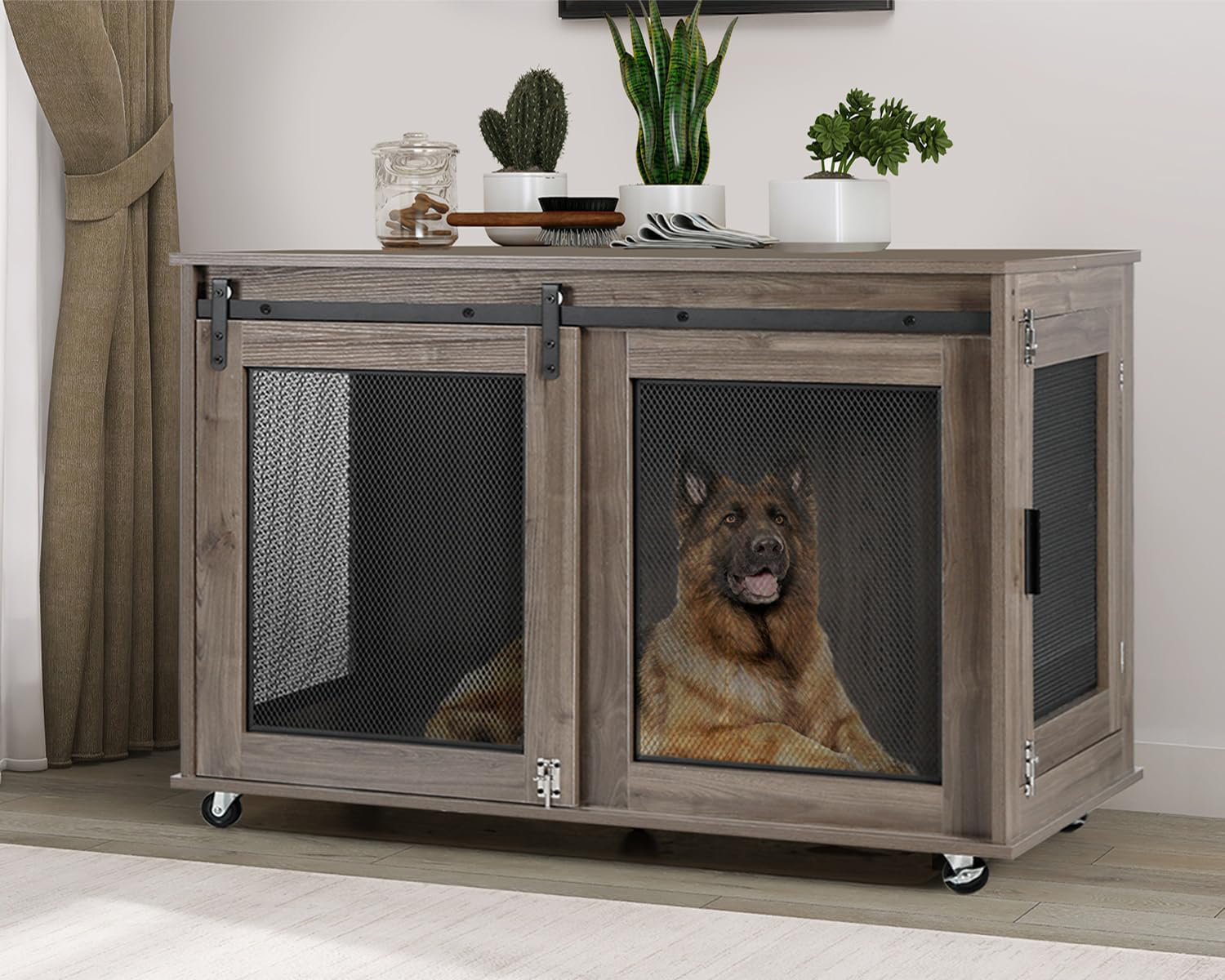 View of Gracie Oaks Dog Crate Furniture With Wheels And Flip Top | Wayfair