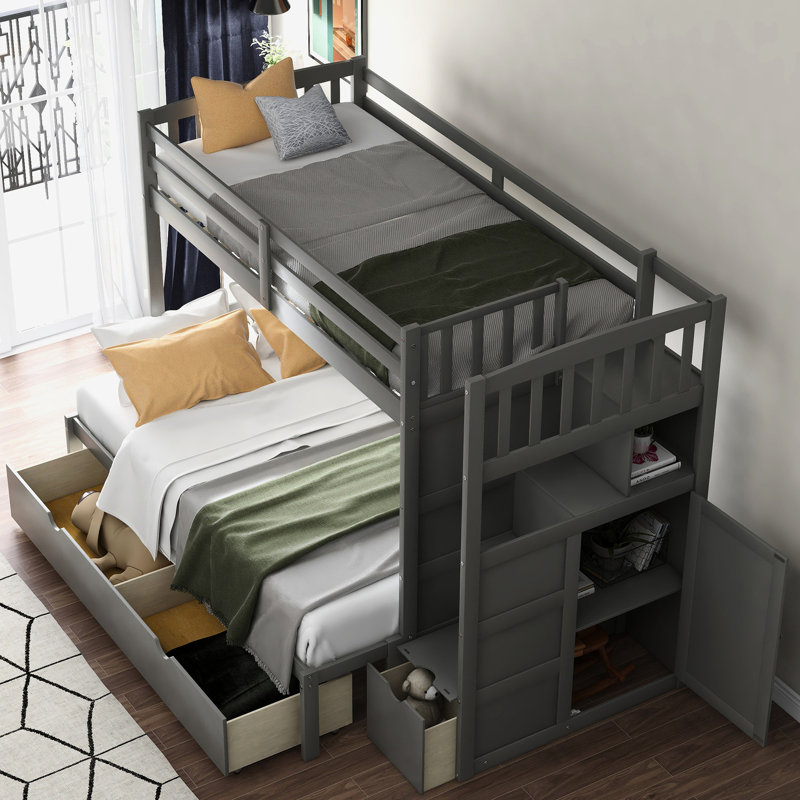 Lit superposé avec lit simple supérieur et ensemble de couchage polyvalent - Gris au-dessus d'un tiroir pratique