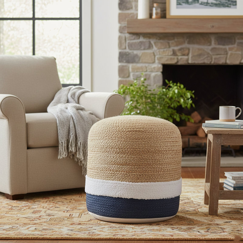 Anayelli Contemporary Hand-Made Jute/Cotton Upholstered Pouf