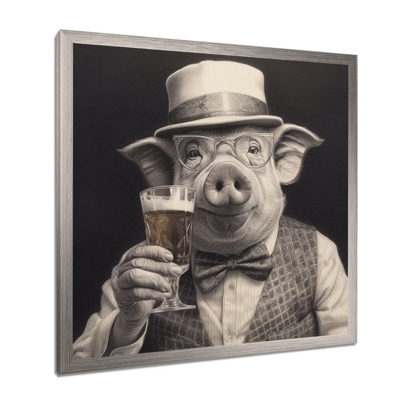 Cochon ayant un verre - Art mural, Cadre simple argenté, H 24 po x l 24 po x P 1 po