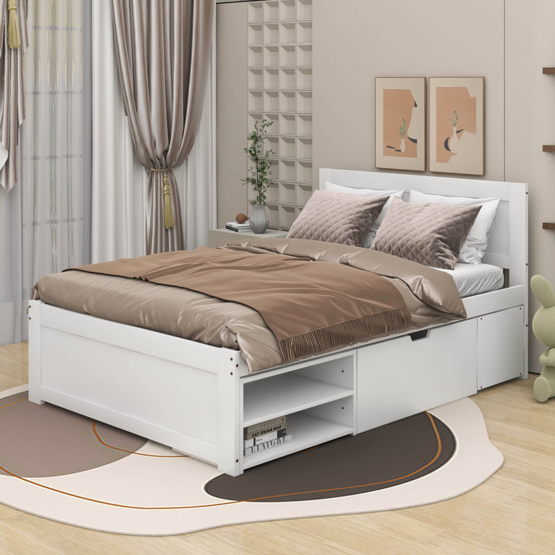 Full Size Platform Bed With Drawer, White