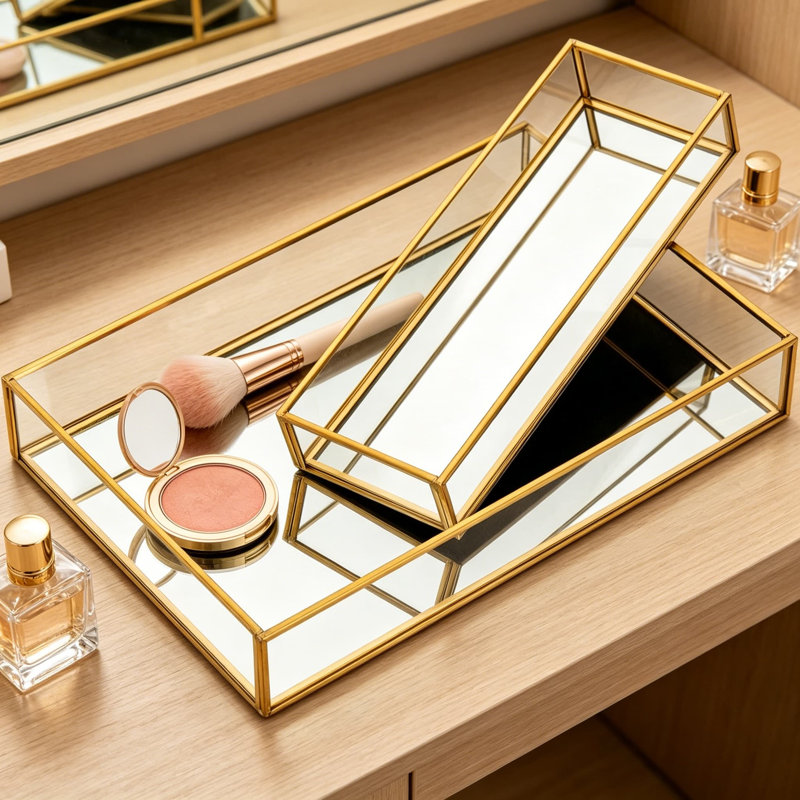 Paquet de 2 plateaux de parfum dorés avec surface en verre miroitant, plateau de coiffeuse décoratif pour bijoux et soins de la peau, organisateur rectangulaire antidérapant pour salle de bain ou commode
