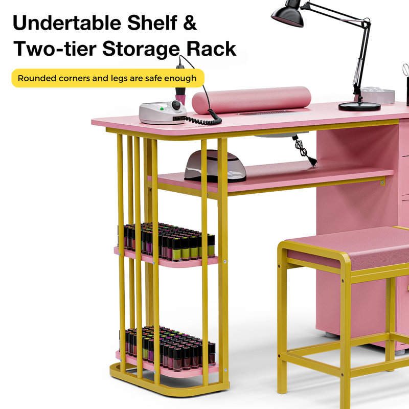 Pink Manicure Table with Storage Drawers and Dust Collector
