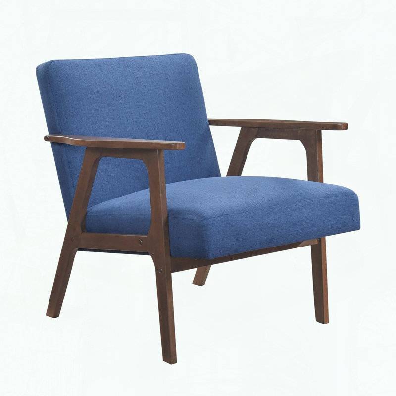 Fauteuil d'appoint Mid-Century moderne en bois, tissu texturé et bois d'hévéa massif, Bleu, Noyer