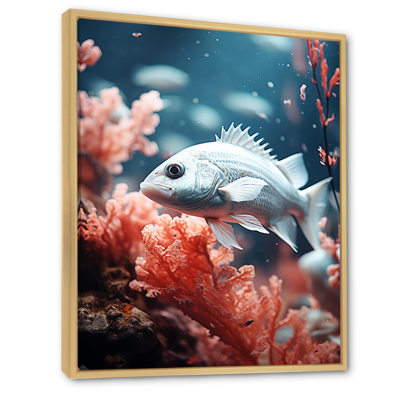 Danse de poissons monochrome bleue et grise, H 32 po x l 24 po x P 1 po, Cadre naturel flottant