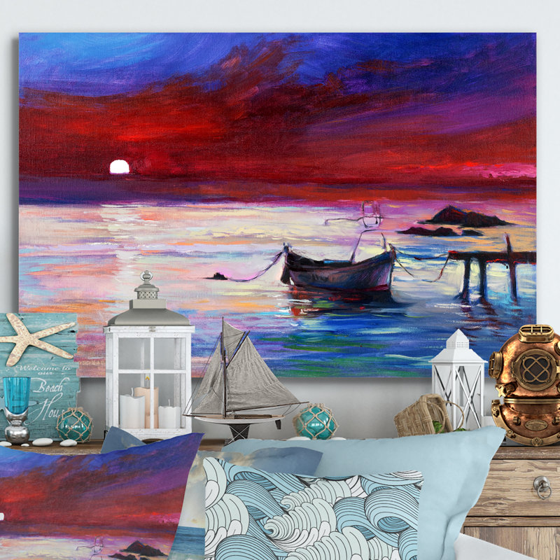 Bateau sur un coucher de soleil mauve - reproduction d'art sur toile, H 24 po x l 36 po x P 1 po, Toile tendue