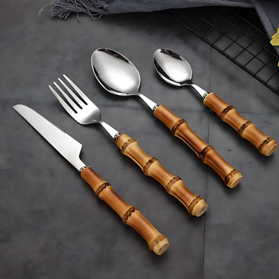 24 Pieces Bamboo Handle Stainless Steel Cutlery Set - Steak Knife Fork And Dessert Spoon For Western Dining Cake Pastry Silverware Gift