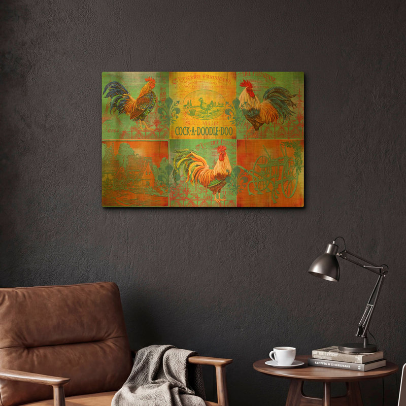 «Rooster Set 2» par Jean Plout, art mural en métal doré, 24 po x 16 po, 24"x16"