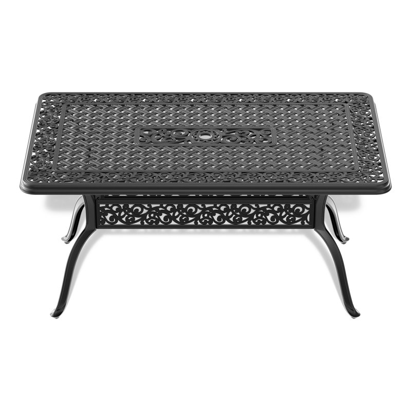 Table de patio en fonte d'aluminium, 6, rectangulaire, finition noire, trou de parasol, résistant aux intempéries, cadre avec option 6 pour économiser de l'espace, compatible,