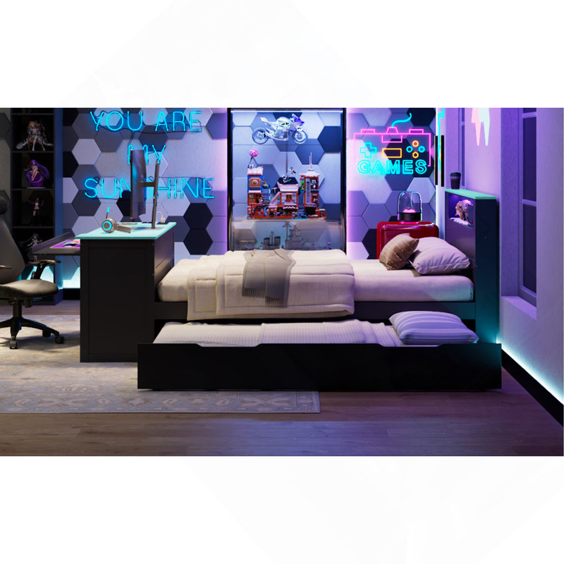 Lit de jour simple avec lit gigogne, bureau, lumière DEL et USB, noir, bleu, Complet/Double, Noir / Bleu