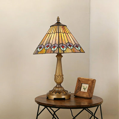 Colorful Peacock Tail Glass Shade Table Lamp With Antique Bronze Resin Base