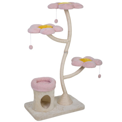 Arbre à chat en forme de fleur en rose et beige, avec une structure stable, des plateformes en fleurs, un lit moelleux pour des chats d'intérieur à tour à thème à plusieurs niveaux