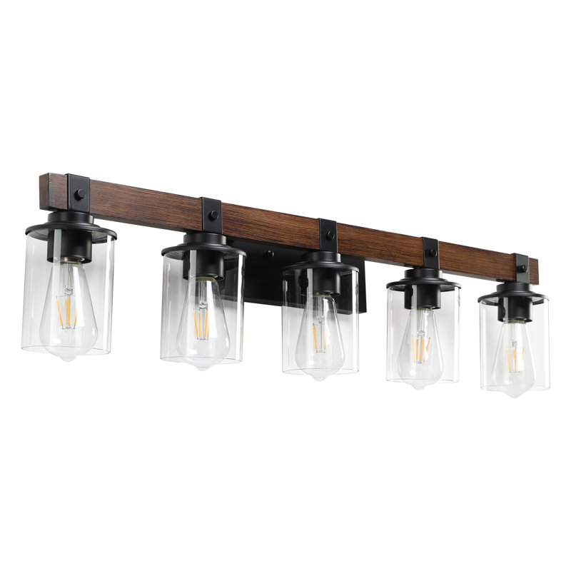 5 - Light Wooden Dimmable bathroom Vanity Light Over Mirror With Clear Glass Shades, Farmhouse Wall Light Fixture For Bathroom, Bedroom, Hallway