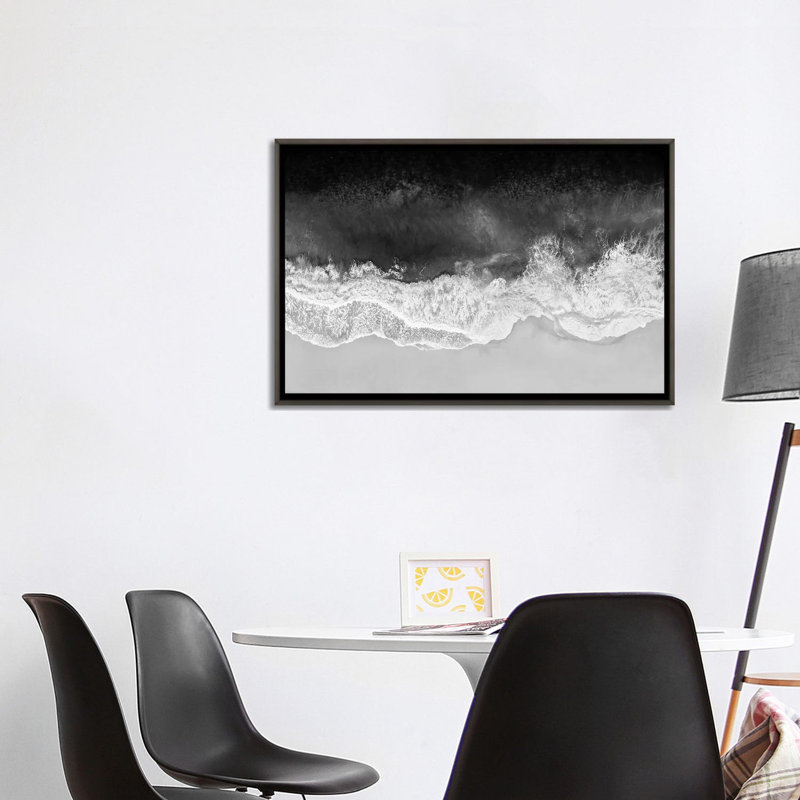 " Waves In Black, Grey And White " by Maggie Olsen, 18" H x 26" W, Dark Rustic Wood, Framed Print