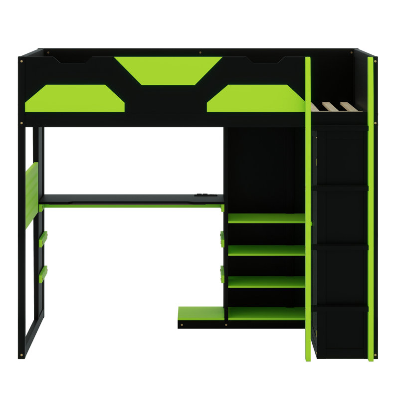 Smart Loft Bed Featuring Built-In Workspace, Organizational Shelves, USB Charging & Customizable RGB Lights, Green