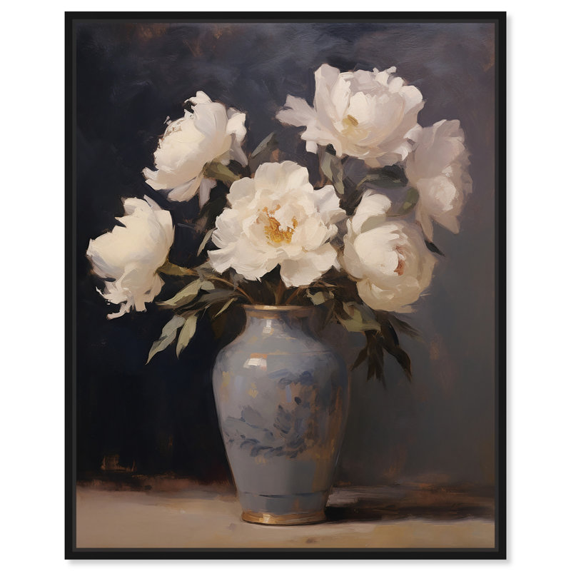 Fleurs dans un vase en porcelaine, art mural classique par Art Remedy, Cadre noir, H 25 po x l 21 po