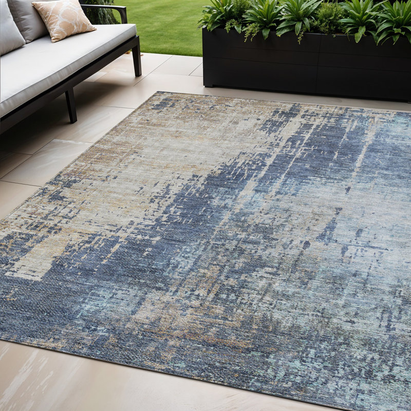 Tapis extérieur lavable abstrait bleu marine et taupe 5 pi x 8 pi