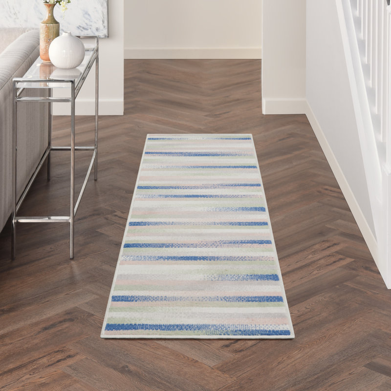 Bleu rayé/Ivoire/rose Tapis décoratif, Tapis de couloir 2 pi x 8 pi