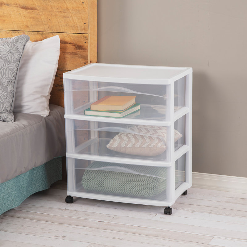 Sterilite Wide 3 Drawer Storage Cart, Plastic Rolling Organizer, White, 2 Pack, 2-Pack, White