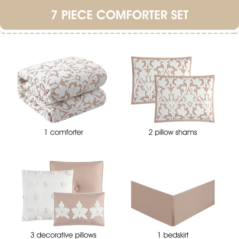 Adoria Luxury Floral Damask 7 Piece Comforter Set, California King Comforter + 6 Additional Pieces, Blush