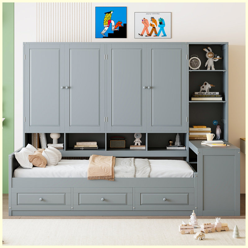 Lit de jour moderne en bois avec trois tiroirs, armoire tout-en-un, bureau et tablettes, Lit simple, Gris