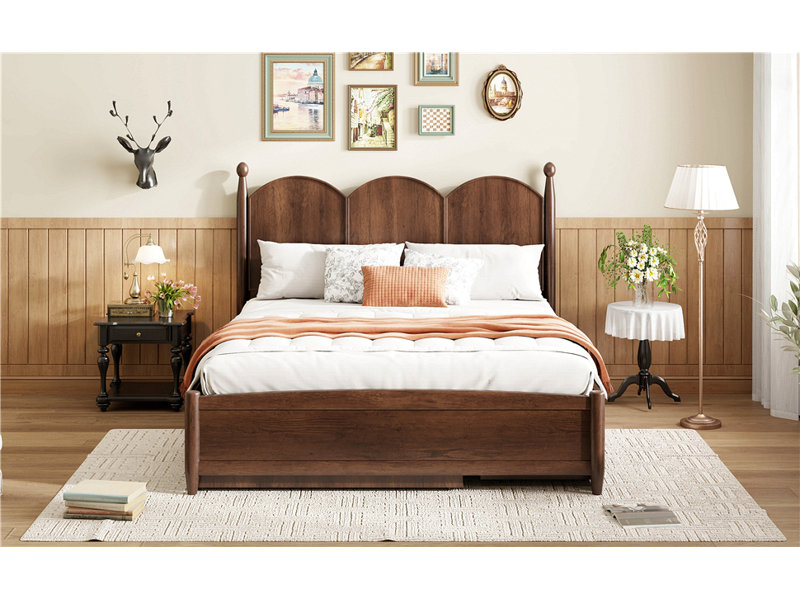 Grand lit plateforme avec 2 grands tiroirs et lit gigogne simple, Noyer