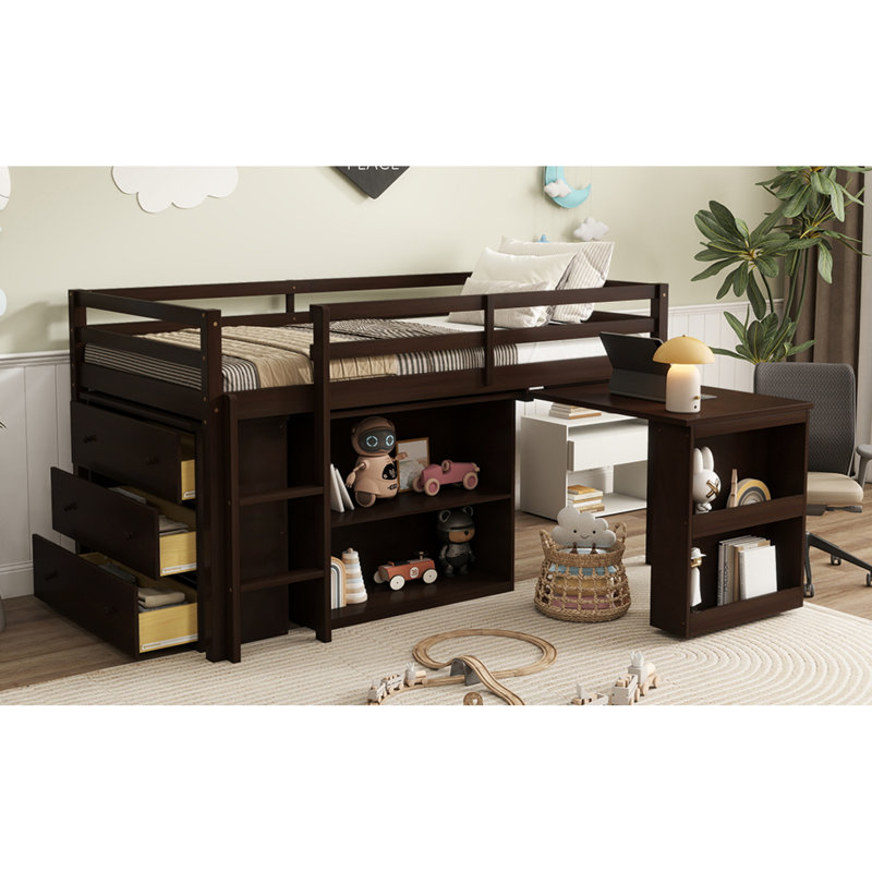 Lits avec rangement, mezzanine simple en bois d'hévéa, chambre d'enfant moderne peu encombrante