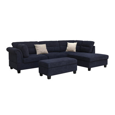 Diego 100-inch Wide Fabric Sectional Sofa with Right-Facing Chaise, Storage Ottoman, 2 Throw Pillows, Tufted Back, Pocket Coil Seating, L Shaped couch for Living Room (Black)