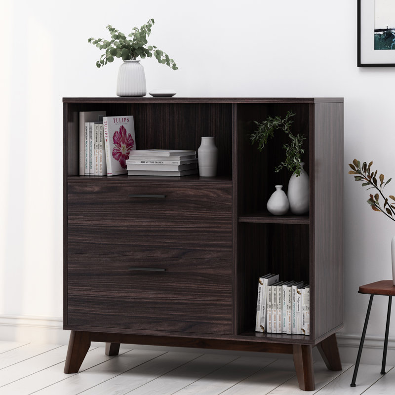 Armoire de rangement de style Mid-Century en faux bois, hauteur de 37,85 po, tiroir spacieux et rangement chic, haut, avec poignées à tablettes