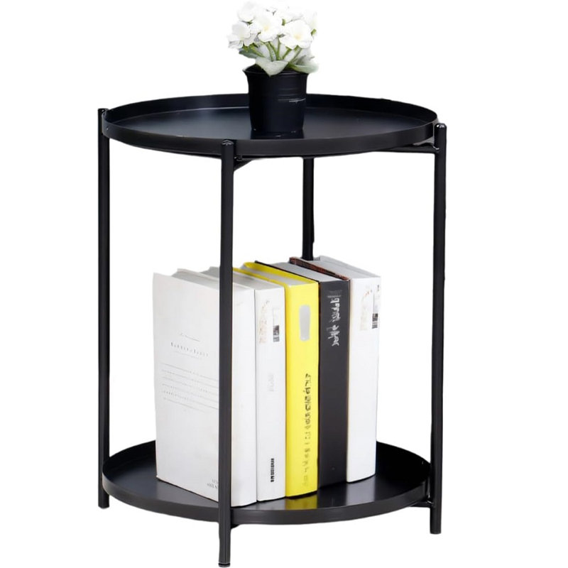 2-tier Metal Coffee Didonato Sofa Side With Removable Table Round Anti-rust Tray Black, Black