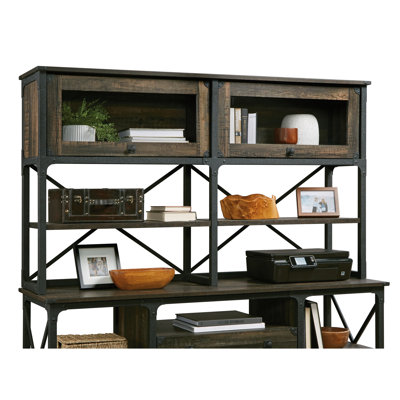 Bois d'ingénierie brun de conception industrielle, 3 tablettes horizontales réglables, portes en verre trempé encadrées pour le bureau, étagère à finition ouverte avec finition de bureau avec look, bois, tablettes réglables,