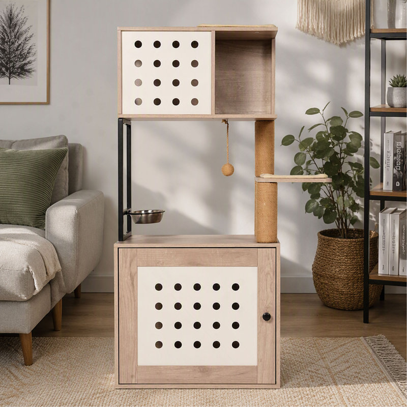 Arbre à chat, avec bac à litière, tour tout-en-un pour chats d'intérieur avec grand hamac, lit, station d'alimentation, poteaux à griffer - gris / blanc