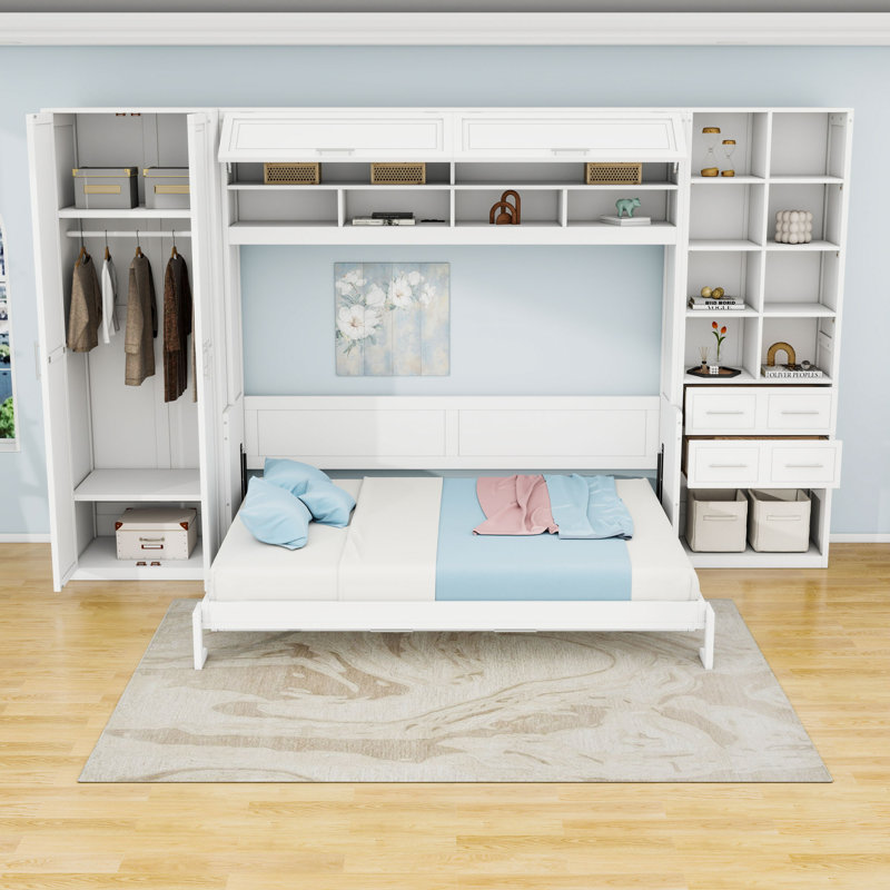 Murphy Bed with Integrated Storage and Customizable Layout, White, Queen
