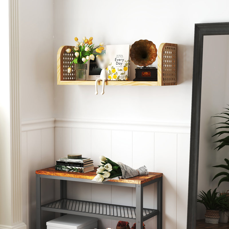  Rattan Wall Shelf, Wooden Hanging Bookshelf Storage, Cute Nursery Shelves Wall Mounted, Boho Decorative Floating Shelves For Kids Room, Living Room, Play Room, Bedroom