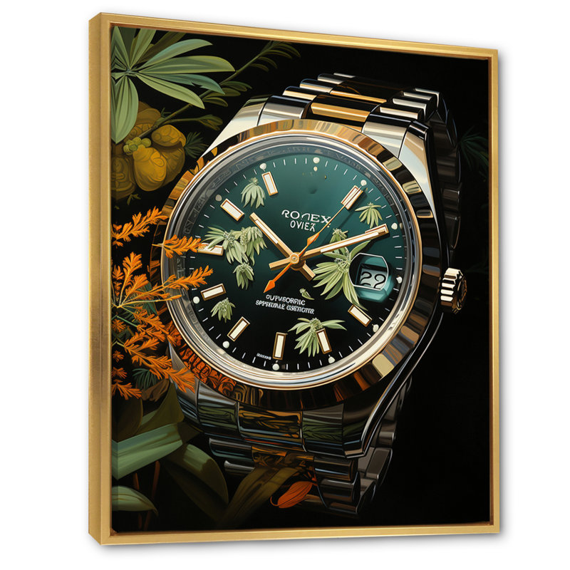 Tropical Luxuxy Watch I - impression sur toile tendance, Cadre flottant doré, H 32 po x l 24 po x P 1 po