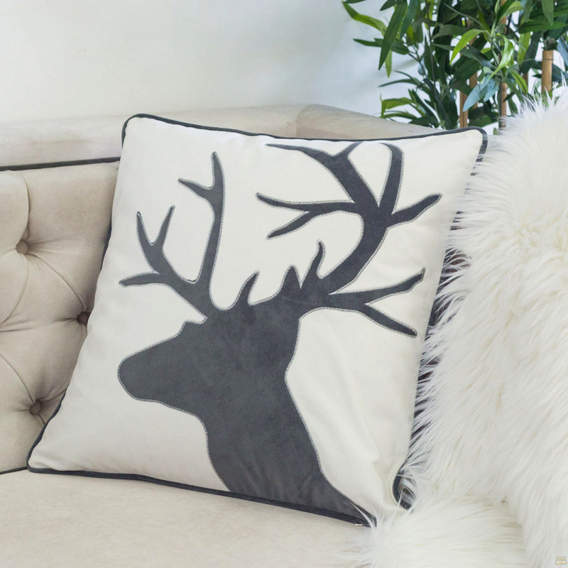 Coussin décoratif en velours Holiday Reindeer 20 x 20 - blanc et gris avec insert, Simple, Blanc
