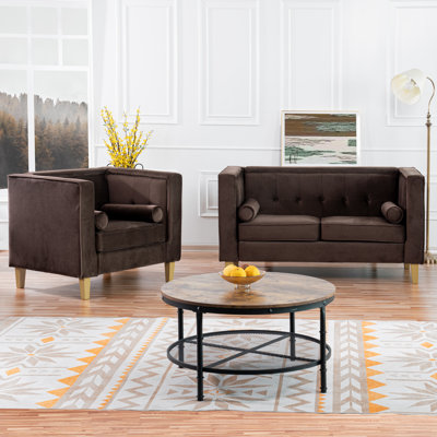 Fauteuil d'appoint et causeuse Pritt, fauteuil rembourré en velours de style Mid-Century et causeuse avec pieds en bois, ensemble de salon élégant pour le salon, la chambre à coucher ou le bureau