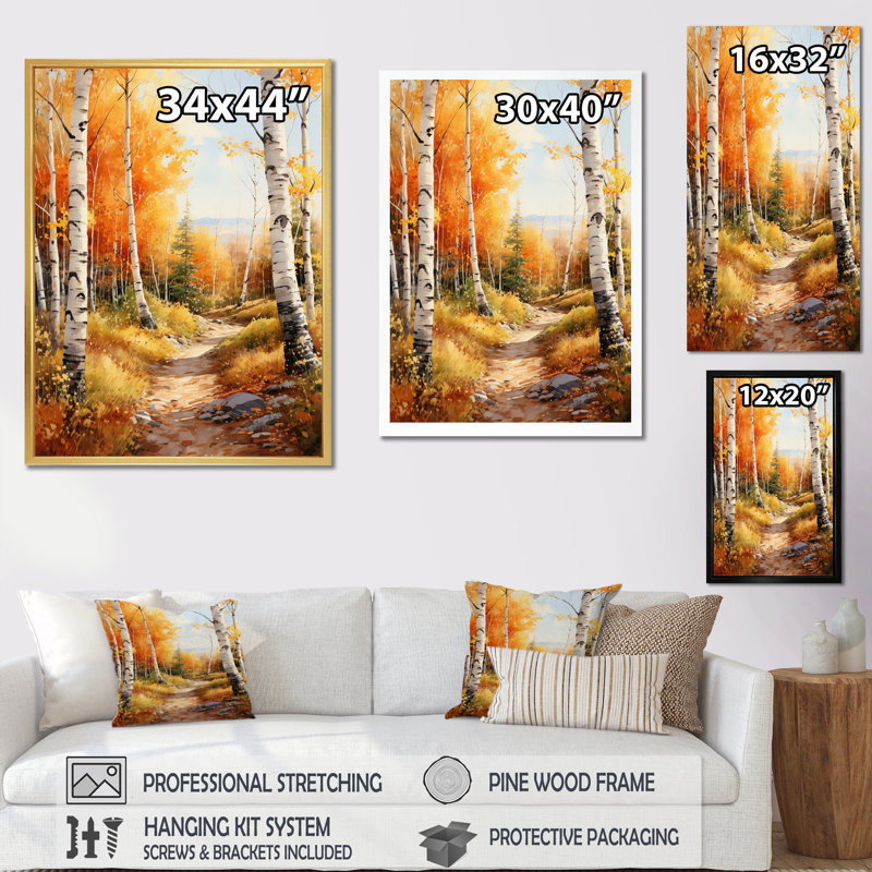 " Birch Woods Autumn Sonata III ", 44" H x 34" W x 1.5" D, White Picture Framed