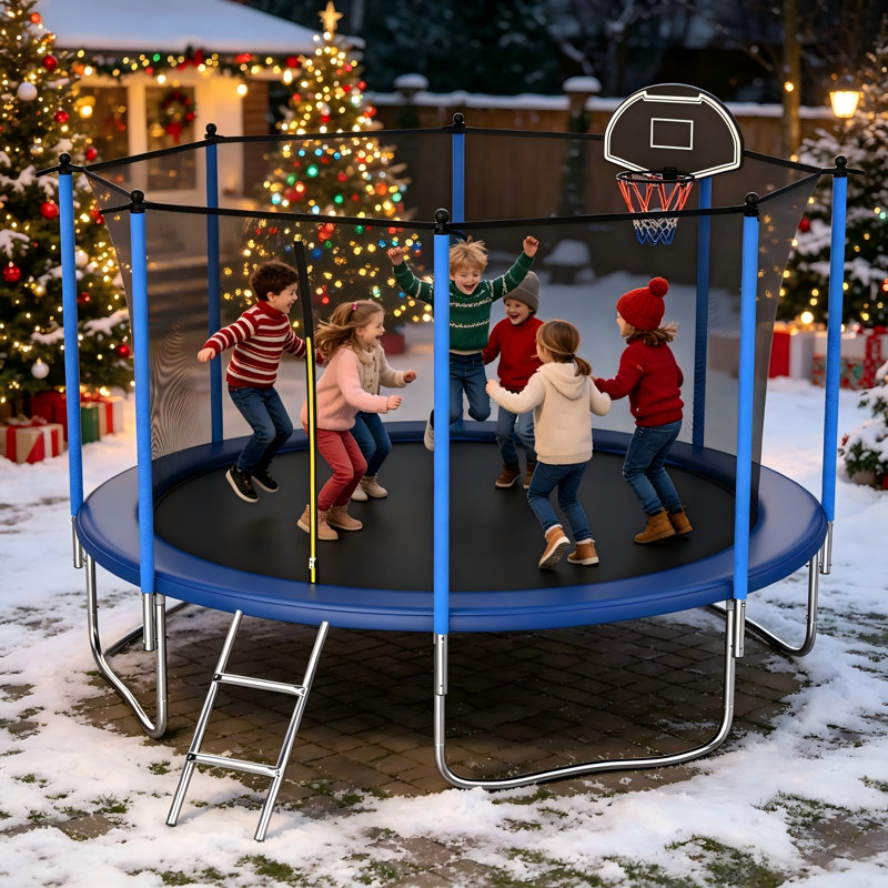 Trampoline d'extérieur 12 pi avec filet de sécurité et crochet en T pour cour arrière, trampoline rond robuste pour enfants et adultes - filet d'enclos inclus