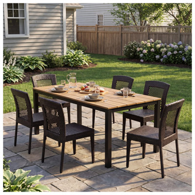 Ensemble de salle à manger d'extérieur 7 pièces résistant aux intempéries avec table en bois d'acacia et 6 chaises en rotin PE empilables, multicolore brun