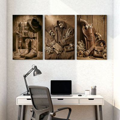 Western Cowboy Gear et accessoires, ensemble de 3 impressions sur toile