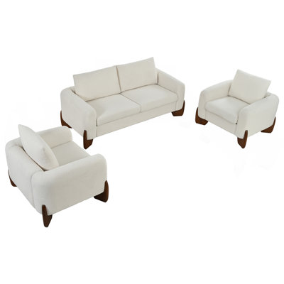 Ensemble de canapé moderne 3 pièces, 1 causeuse et 2 fauteuils, tissu bouclé doux, structure en bois de pin et pieds en bois d'hévéa, canapé modulaire confortable pour le salon et la salle familiale (table basse non incluse)