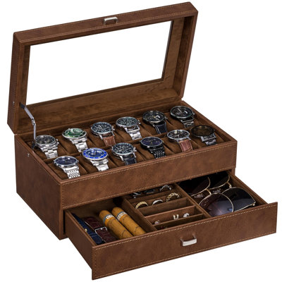 12-Slot Watch Box, 2-Layer Watch Case With Large Glass Lid, Mens Jewelry Box, Watch Display Case
