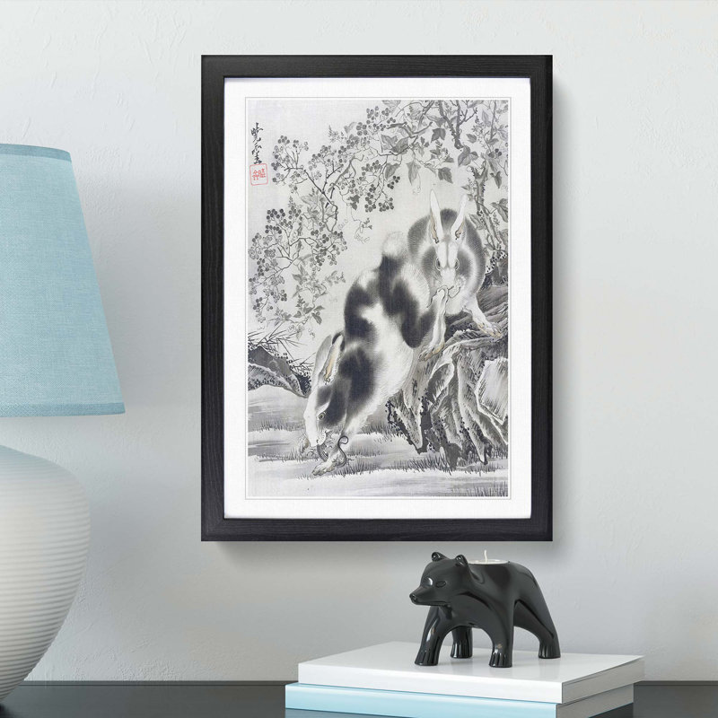 Rabbits by Kawanabe Kyosai - Picture Frame Painting Print, 65cm H x 48cm W x 2cm D, Black Framed