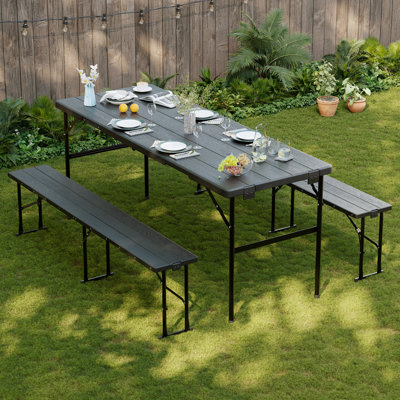 Ensemble de table de pique-nique avec 2 bancs, ensemble de chaises de camping pliables de 6 pieds, mobilier d'extérieur portatif 3 pièces avec plateau en grain de bois pour la fête, le pique-nique, le camping, le mariage