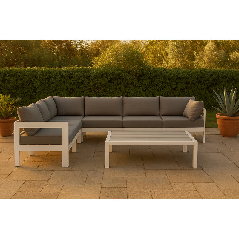 Berendina 120'' Wide Aluminum Patio Sectional with Cushions, White, Gray