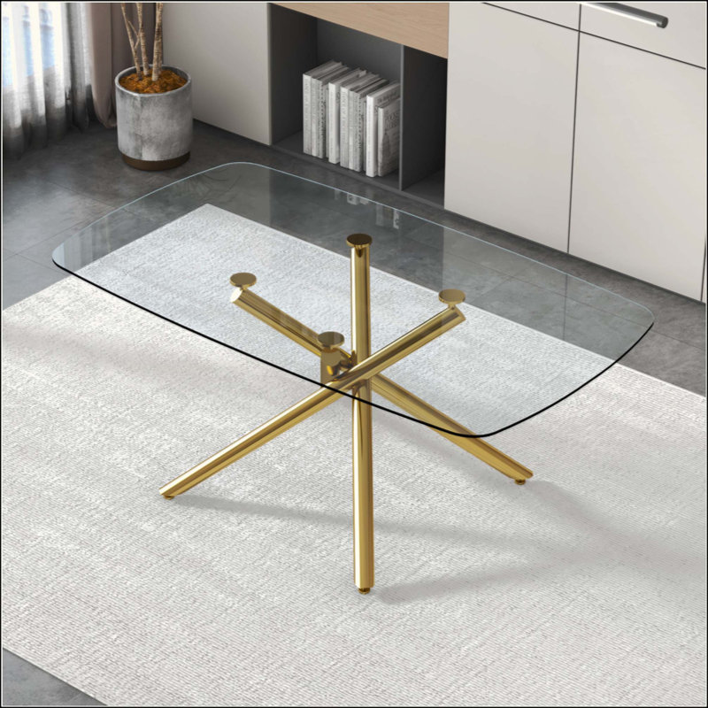 Grande table de salle à manger rectangulaire moderne en verre minimaliste avec plateau en verre trempé de 0,39 pouce et pieds en métal doré pour une utilisation polyvalente