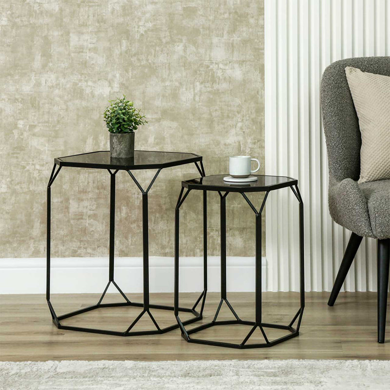 Black Metal Nesting End Table for Living Room Furniture, Mirror Top Nest of Side Tables,Accent Table