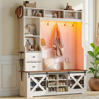 Chimira 59" Wide Farmhouse 7-in-1 Hall Tree With Bench, Led Light, Shoe Storage & Hooks by August Grove